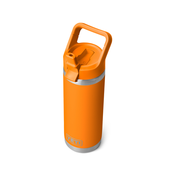 Orange YETI insulated bottle with handle on a white background