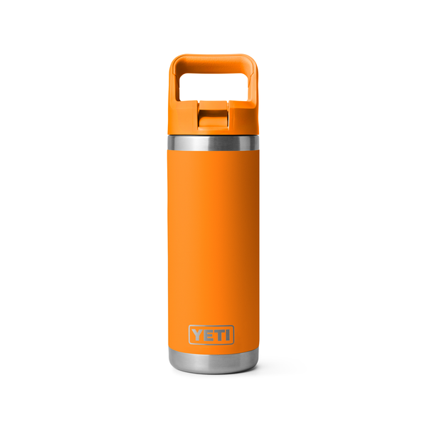 Orange YETI water bottle with a silver base and lid on a white background