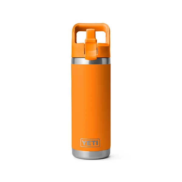Orange YETI water bottle with a silver base on a white background