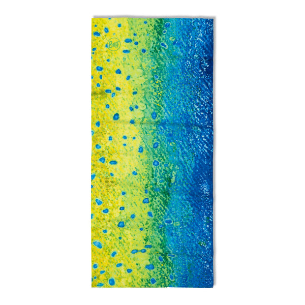 blue and yellow bandana on white background