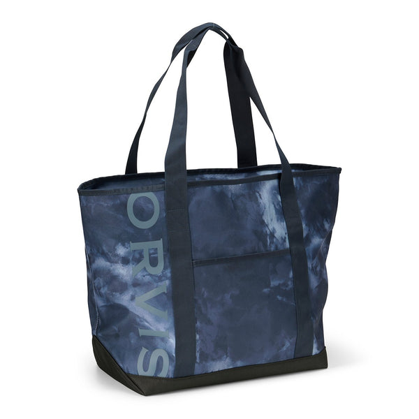blue and black fishing bag from Orvis on white background