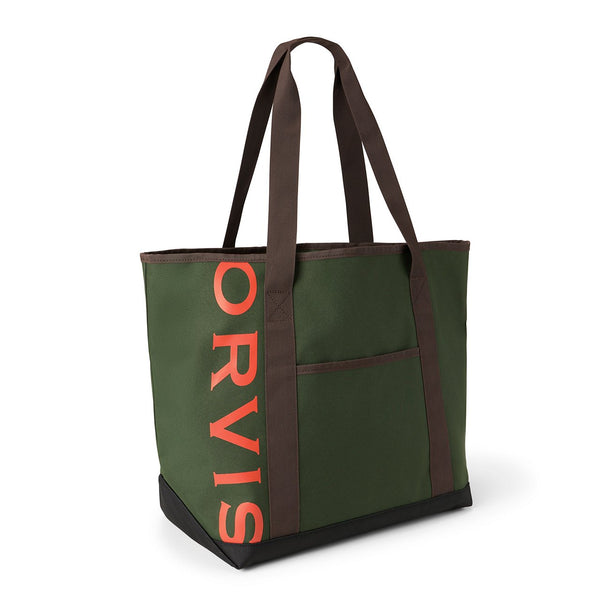 green bag with orange orvis logo on white background