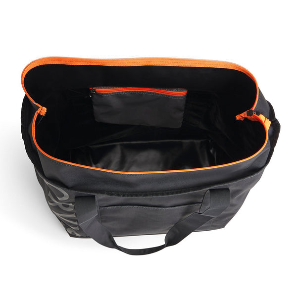 inside black bag with orange details on white background