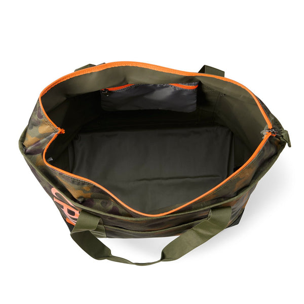 Green and orange duffel bag on a white background