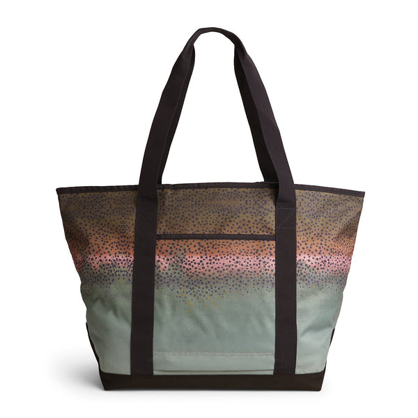 gradient coloured bag with black handles on white background
