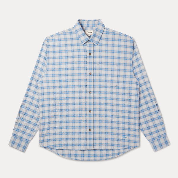 A light blue and white checkered long-sleeve button-down shirt, laid flat against a light gray background.