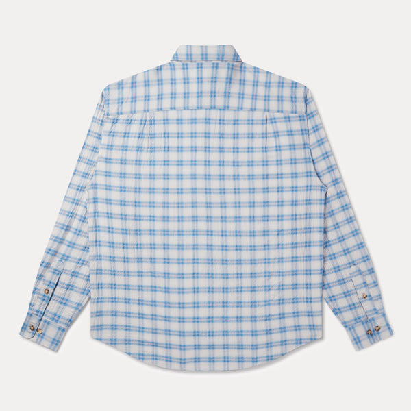 A long-sleeve button-up shirt with a blue and white checkered pattern, shown from the back on a light gray background.