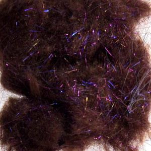 Close-up of dark brown hair with purple highlights on a neutral background