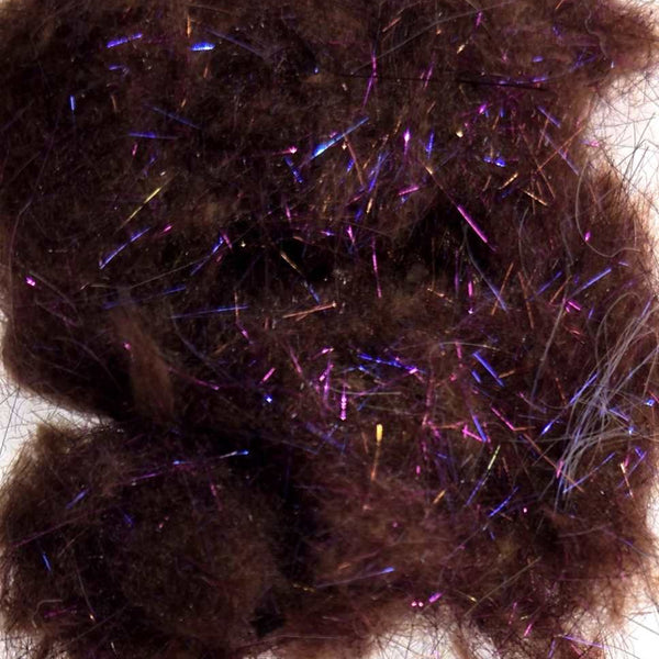 Close-up of dark brown hair with purple highlights on a neutral background