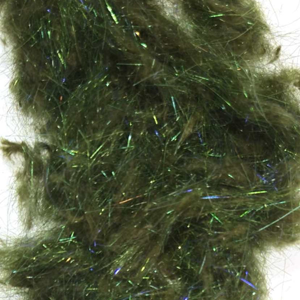 Green synthetic fiber with metallic strands on a white background