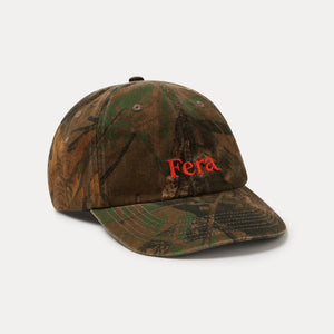 Camouflage baseball cap with 'Fera' logo on a white background