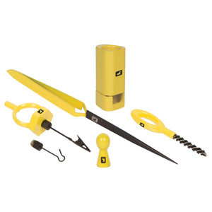 Yellow fishing tool set with various components on a white background