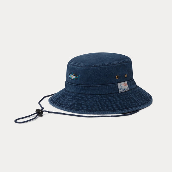 dark blue denim bucket hat with logo on white background