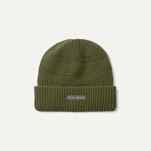 Green beanie with 'Sealskinz' logo on a light gray background