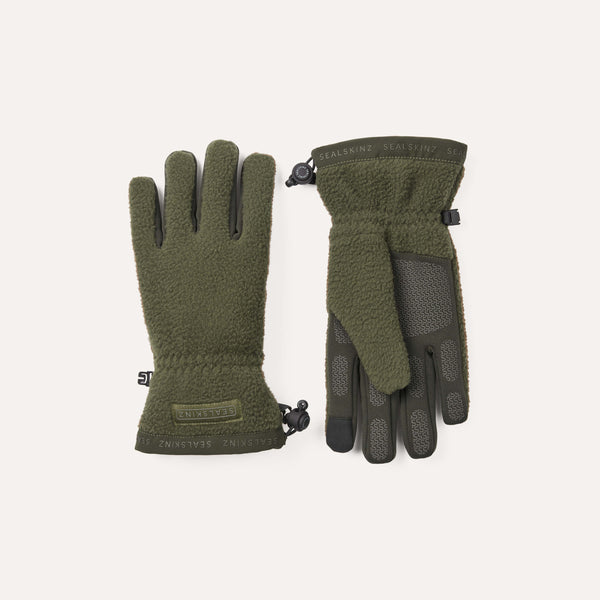 Pair of green gloves with black accents on a light gray background