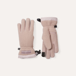 Pair of pink gloves with fleece lining on a white background