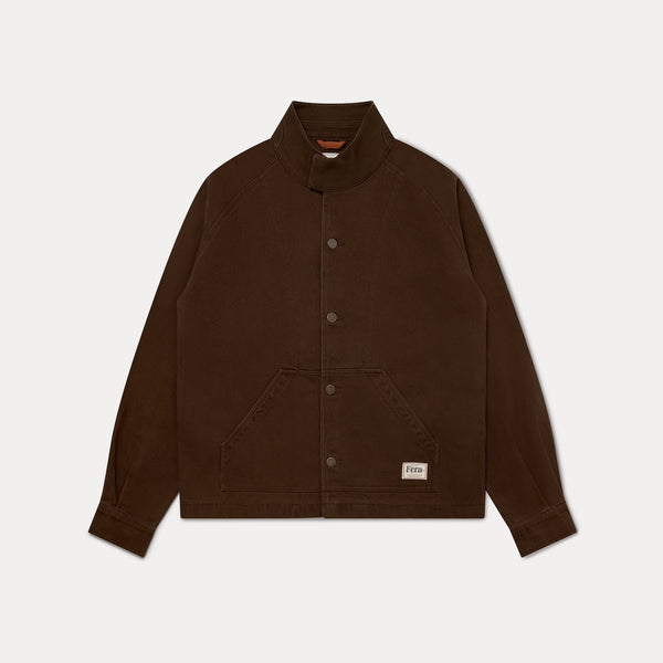 A dark brown corduroy jacket with a high collar, snap-button front, and front pockets, displayed flat against a light gray background.