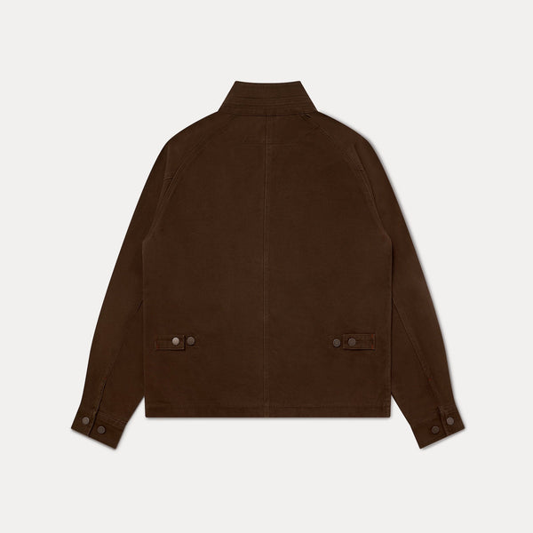 A dark brown jacket shown from the back, featuring a high collar, long sleeves with buttoned cuffs, and two buttoned flap pockets near the lower back, displayed on a light gray background.