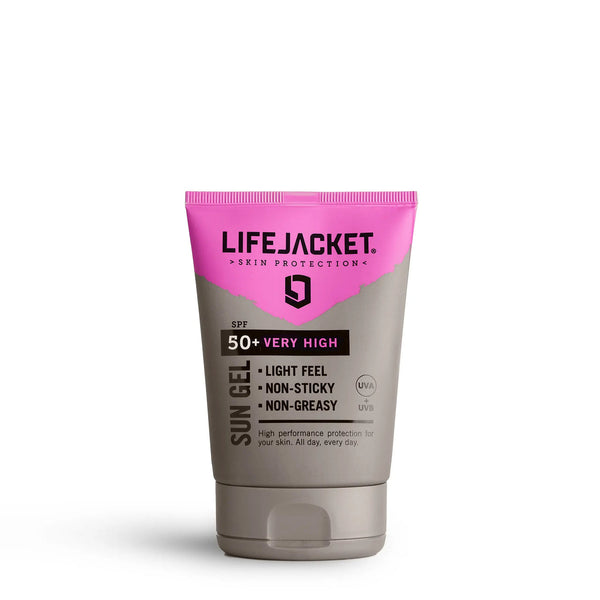 Lifejacket sun gel on white backrgound