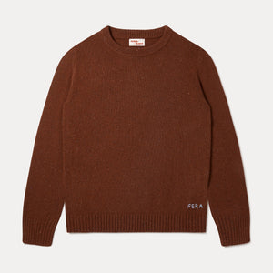 A brown knit crewneck sweater with long sleeves, ribbed collar, cuffs, and hem, featuring a small white FERA logo on the lower left hem, displayed on a light gray background.