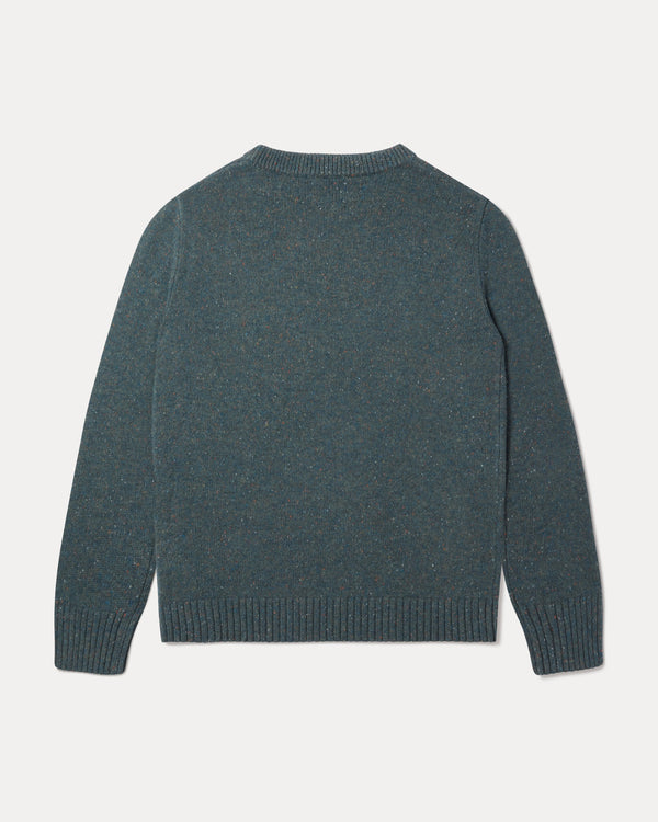 A dark teal blue-green knit sweater shown from the back, featuring a crew neck, long sleeves, and ribbed cuffs and hem, set against a light gray background.
