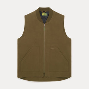 An olive green zip-up vest with a ribbed collar, laid flat against a light gray background. The vest features two front patch pockets and a small embroidered logo on the left chest.