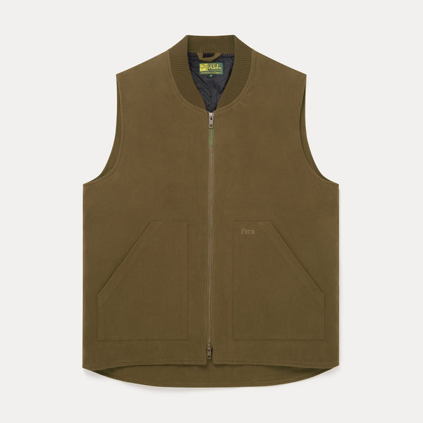 An olive green zip-up vest with a ribbed collar, laid flat against a light gray background. The vest features two front patch pockets and a small embroidered logo on the left chest.
