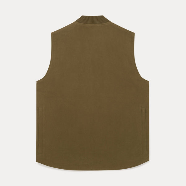 A sleeveless knit vest in a muted olive-brown color, shown from the back against a light gray background.