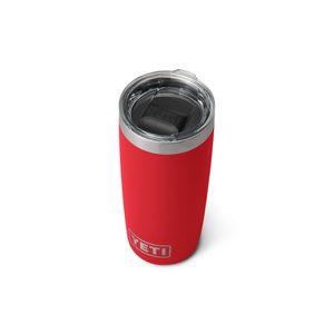 Red YETI tumbler with a silver lid on a white background