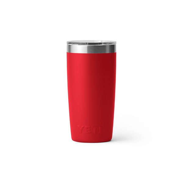 Red tumbler with silver rim on a white background