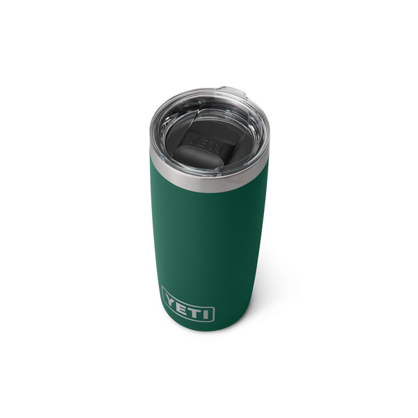 Green YETI tumbler with a clear lid on a white background