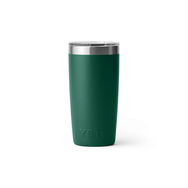 Green YETI tumbler with a silver rim on a white background