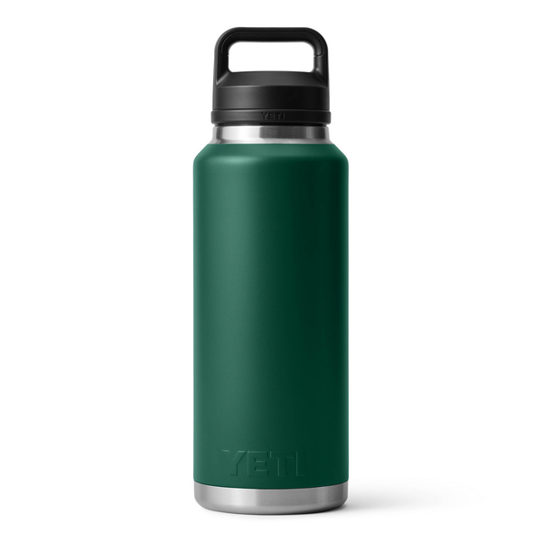 Green YETI water bottle with black lid on a white background