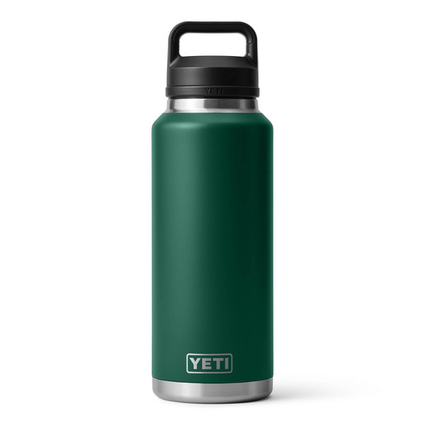 Green YETI water bottle with black lid on a white background
