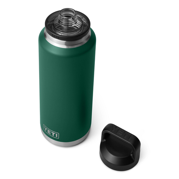 Green YETI water bottle with black cap on a white background