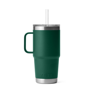 Green insulated tumbler with a straw on a white background