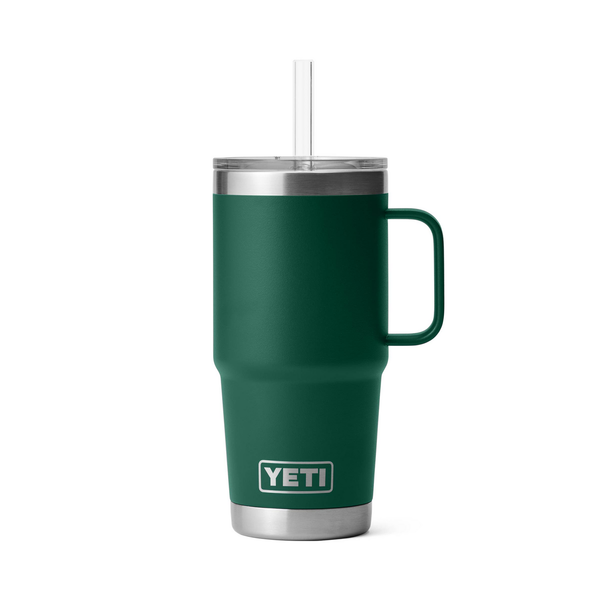Green YETI mug with handle and straw on a white background