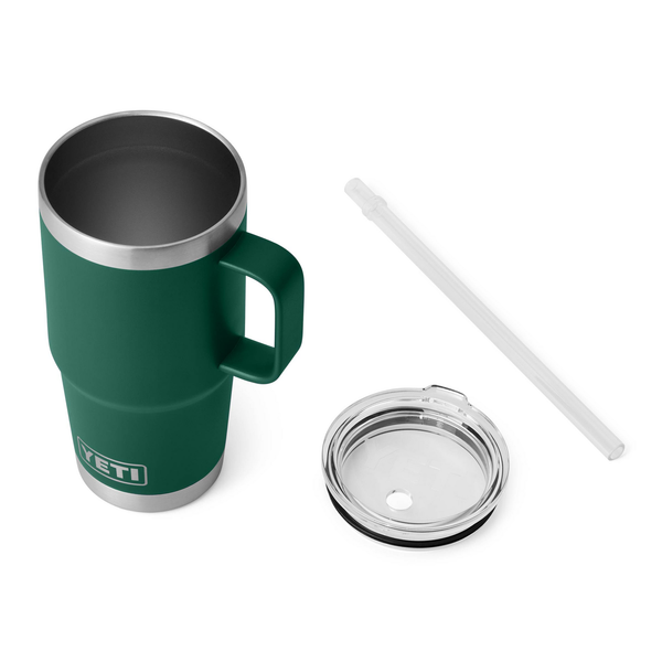 Green YETI mug with lid and straw on a white background