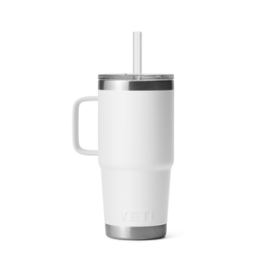 White insulated mug with handle and straw on a white background