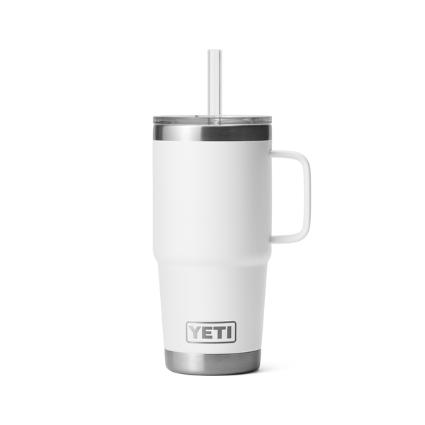 White YETI mug with handle and straw on a white background