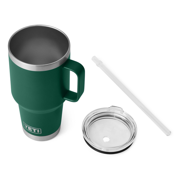 Green Yeti mug with lid and straw on a white background