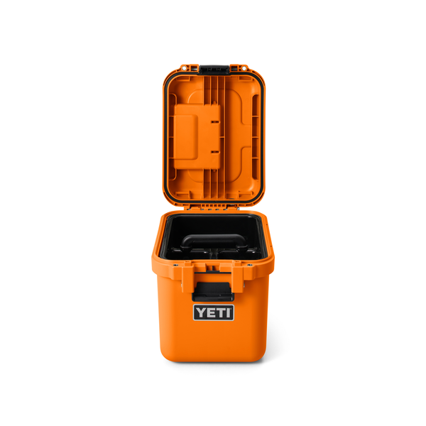 orange yeti storage box with open lid on white background