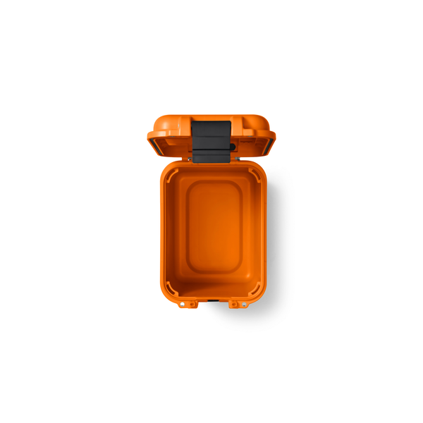 open orange yeti storage box on white background