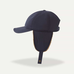 Navy blue cap with face coverage on a light gray background