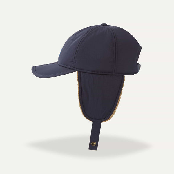 Navy blue cap with face coverage on a light gray background