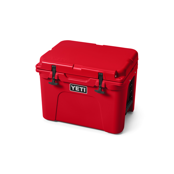 Red YETI cooler on a white background