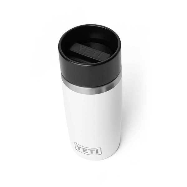 White YETI mug with a black lid on a white background