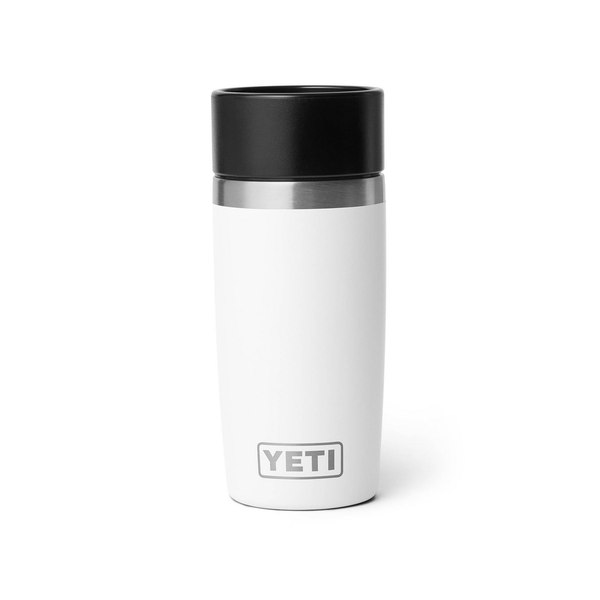 White YETI mug with a black lid on a white background