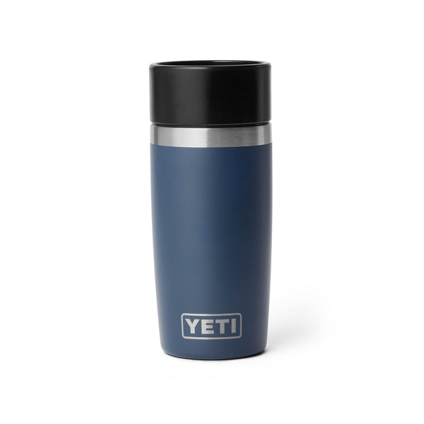 Blue YETI mug with black lid on a white background