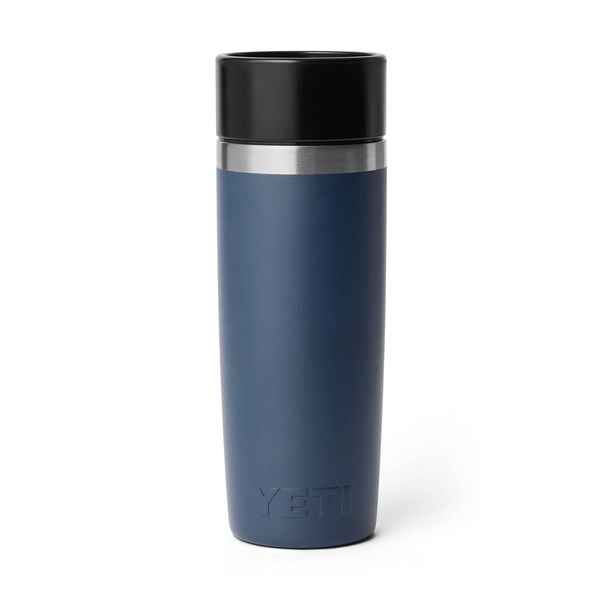Blue YETI insulated mug with black lid on a white background
